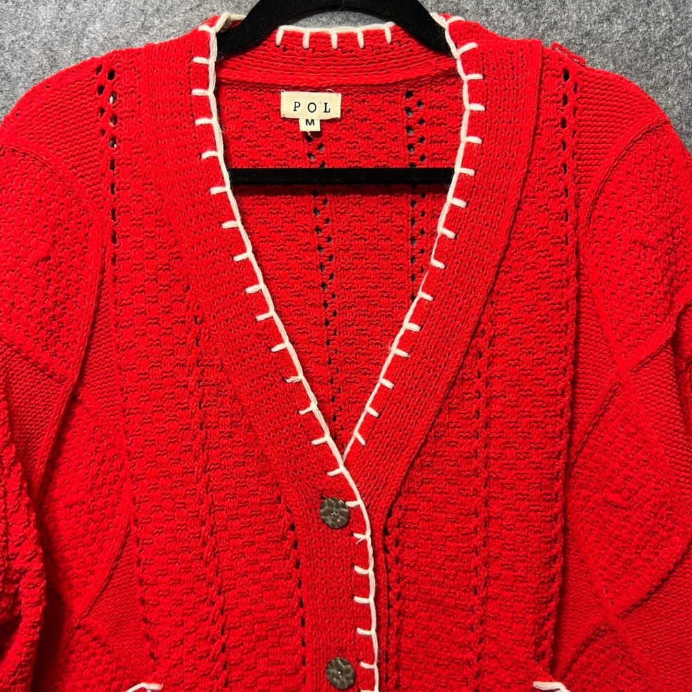 POL Red Cable Knit Cardigan M Oversized Chunky Button Front Boho Sweater - Picture 3 of 9